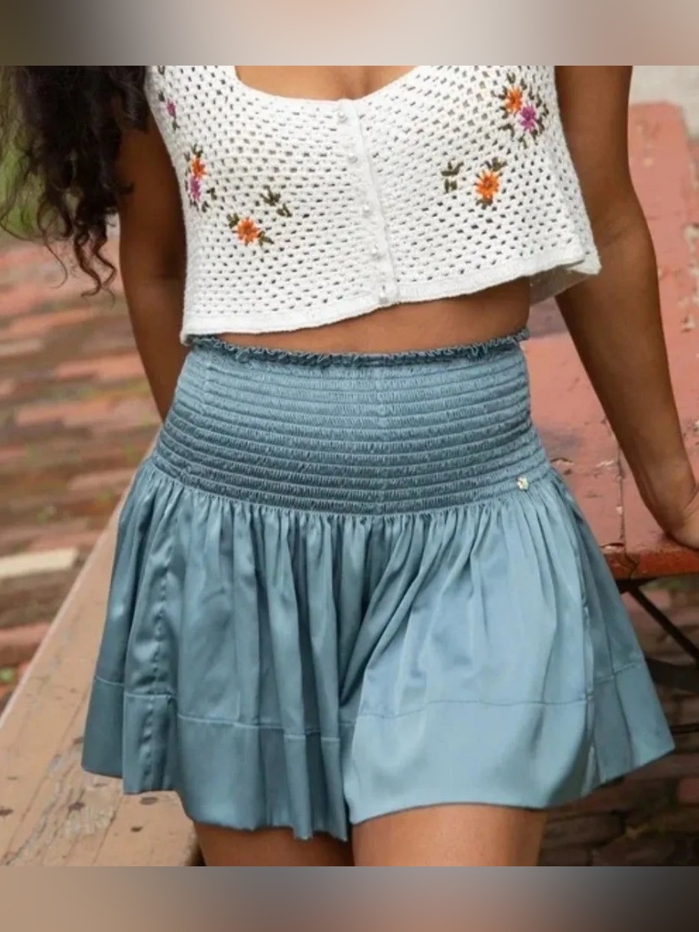 Natural Life Satin Smocked Waist Mini Skirt Skort in Light Blue Small